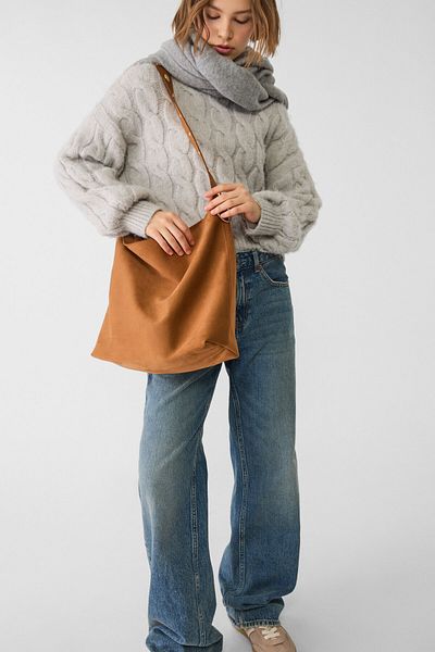 Stradivarius Faux suede bucket bag with strap detail