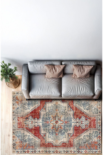 BigArts Home Kiremit Mavi Vintage Şönil Kaymaz Taban Salon Mutfak Halısı Yuva...