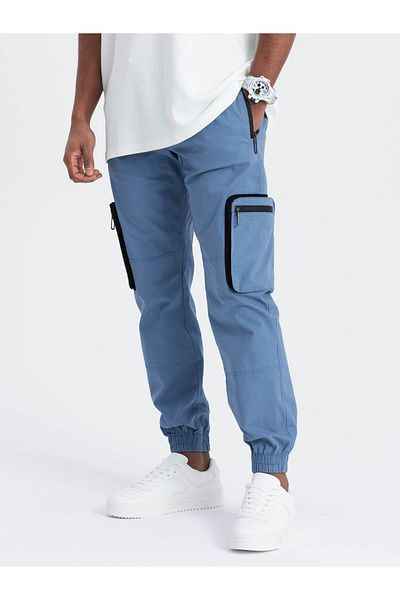 OMBRE Ανδρικό παντελόνι JOGGER με τσέπες cargo με φερμουάρ και τσέπες - μπλε V7 OM-PAJO-0135 L