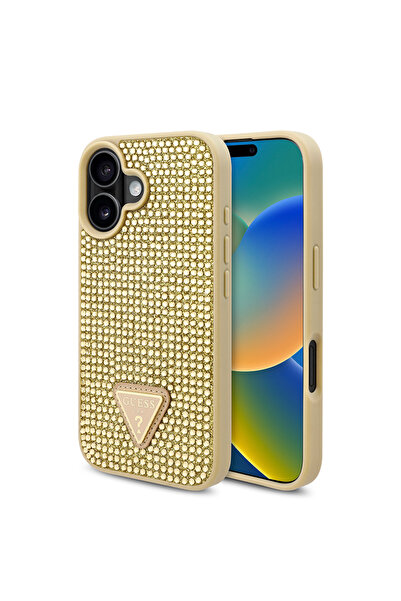 Guess iPhone 16 Kılıf Guess Lisanslı Üçgen Logolu Taşlı Kapak Gold