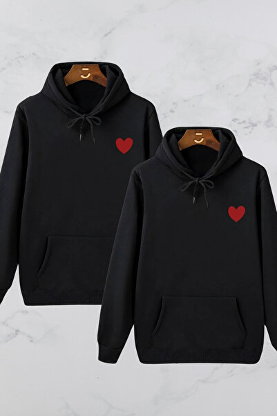 Wish BF Kalp Baskılı Çift Sevgili Kombini Siyah Kapüşonlu Sweatshirt 2'li Set