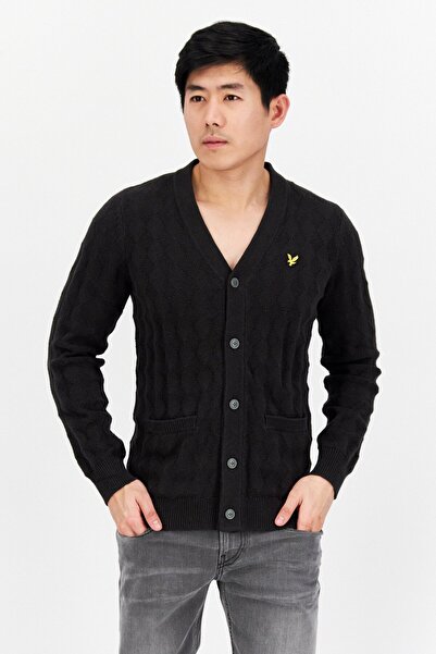 Lyle & Scott كارديجان رجالي محبوك بأكمام طويلة ورقبة على شكل حرف V، أسود