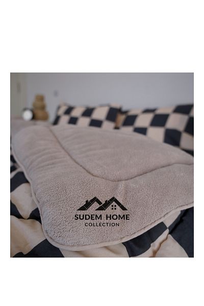 Sudem Home Collection Double Wellsoft Fleece Pufidik Quilt Set - Beige Checkers