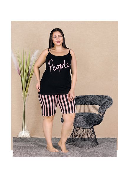 Lady طقم شورت أسود بأشرطة مخططة باللون الوردي مطبوع عليه الناس