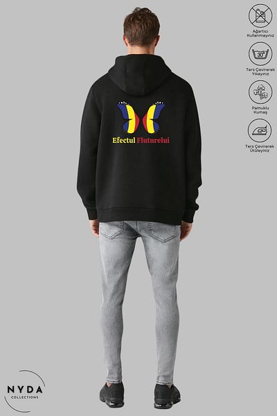 Nyda Collections Unisex Hoodie Romania Efectul Fluturelui Printed Hooded Raster Oversize Cotton Sweatshirt