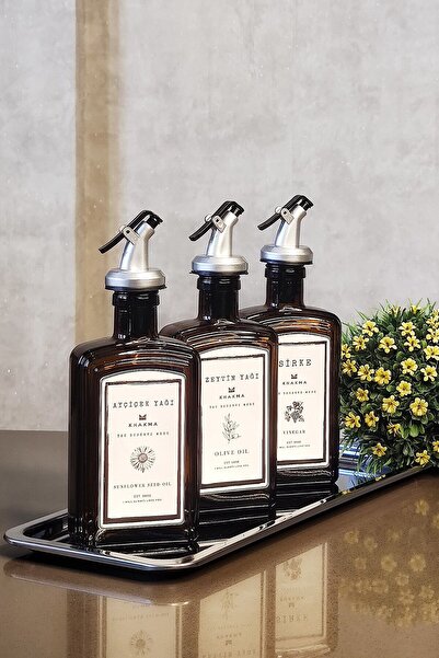 KHAKMA Amber Olive Oil Liquid Vinegar Bottle with Steel Stand Queen Oil Pot Set of 3 Cbey250ml P3qcb