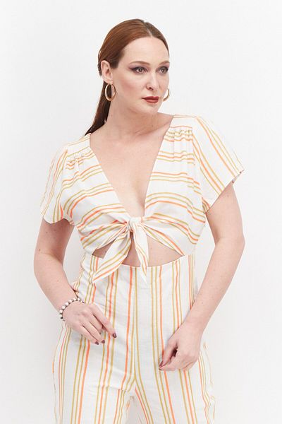 Kendall + Kylie Women Stripe Print Short Sleeves Jumpsuit, Beige