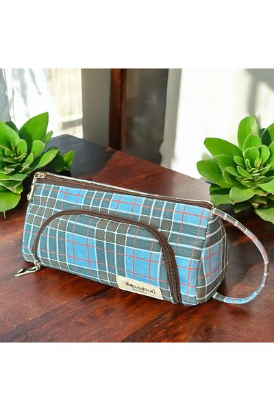 BABUN Ilgaz Blue Plaid - Husă mare și lată pentru creion organic și geantă de machiaj