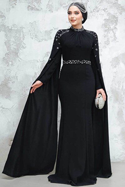 Neva Style Black Hijab Evening Dress with Cape 4863S
