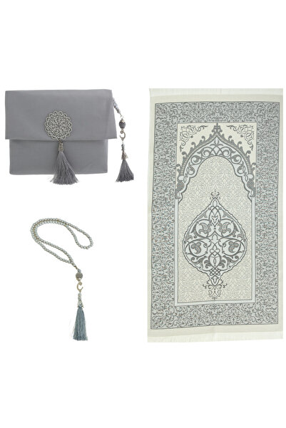 Modish Group Taffeta Prayer Rug with Slub Pouch and Pearl Vav Prayer Beads Set, Portable Prayer Set, Gift Set