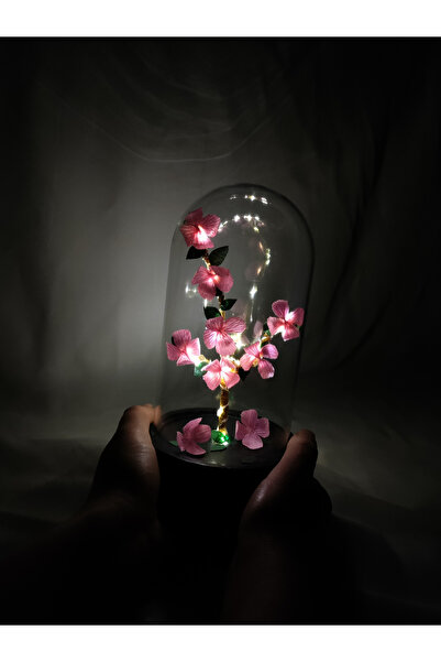 Kibele Sanat Dekoratif Ledli Şeker Pembe Bahar Ağacı Teraryum Fanus, Işıklı H...