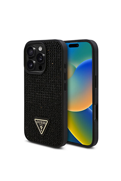 Guess iPhone 16 Pro Max Compatible Case Triangle Logo Cover with Stones Black
