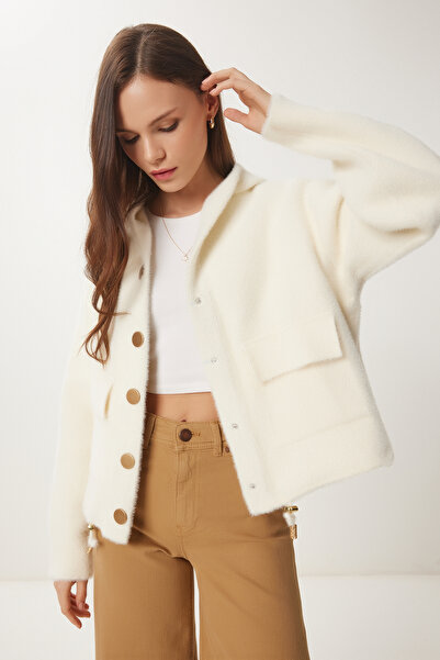 Lovelyİstanbul Hooded Soft Textured Knitted Jacket Bone Lpf0097