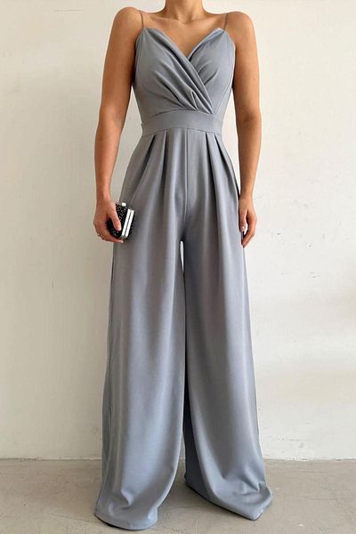 Deafox Gray Double Breasted Collar Imported Crepe Fabric Jumpsuit