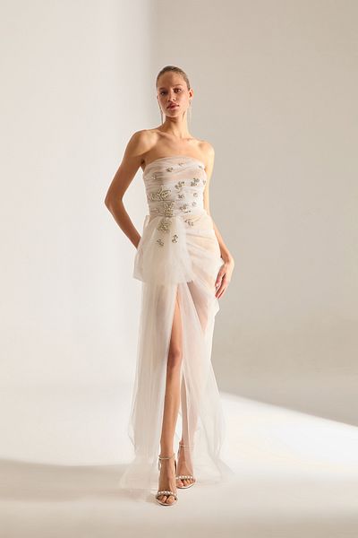BETTY & SAM Olivia Stone Embroidered White Tulle Dress