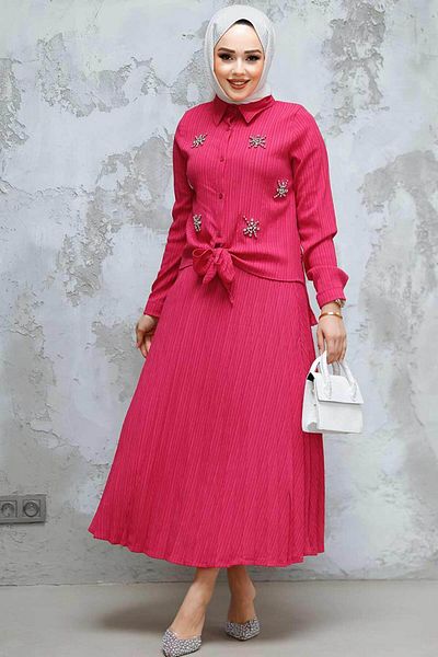 Neva Style Bead Detailed Fuchsia Hijab Skirt Double Suit 60062F