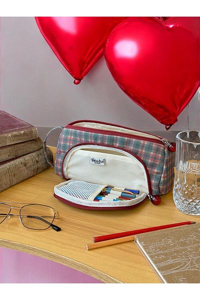 BABUN Ilgaz Green Plaid Large Wide Organic Canvas Cotton Cloth Fabric Pencil Case Pen Holder Makeup Bag