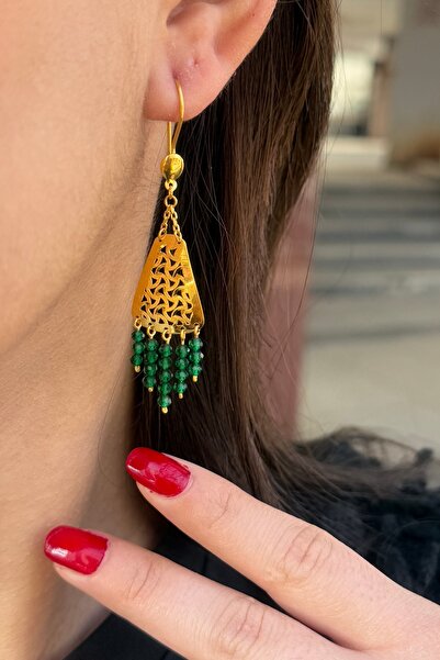 Utku Kuyumculuk 22 AYAR YEŞİL TAŞLI ÖZEL TASARIM SALLANTILI AKITMA KÜPE