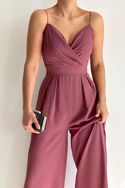 Deafox Dusty Rose Double Breasted Collar Imported Crepe Fabric Jumpsuit