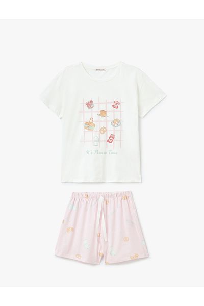 Koton Printed Crew Neck Short Sleeve Cotton Shorts Pajamas Set