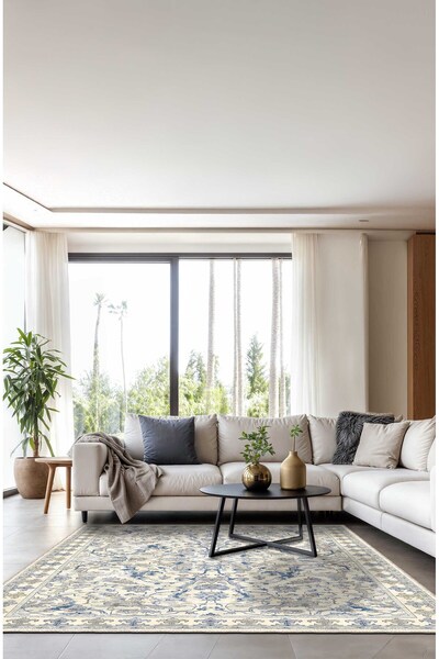 BigArts Home Mavi ve Krem Çiçek Desenli Vintage Tarzı Halı Zarif ve Otantik D...