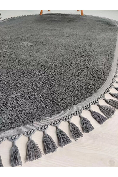 Genel Markalar Puffy Oval Antrasit ponpon Saçaklı Peluş Yumuşacık Yıkanabilir...