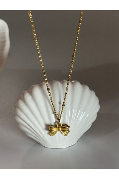 Store Gold Plated Bow Model Women's Steel Necklace with Ribbon Design Stylish and Elegant Jewelry