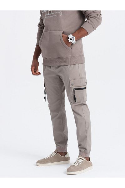 OMBRE Ανδρικό παντελόνι JOGGER με τσέπες cargo με φερμουάρ - σκούρο μπεζ V2 OM-PAJO-0125 M