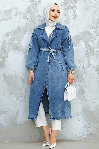 Neva Style Șapcă Hijab Albastru Denim Brodat cu margele 6392M
