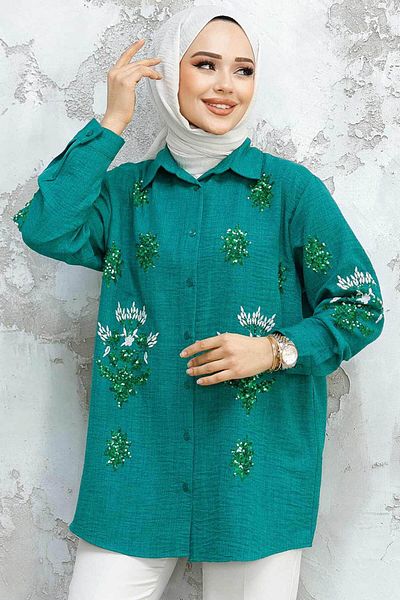Neva Style Cămașă Hijab verde smarald brodat cu margele 45270ZY