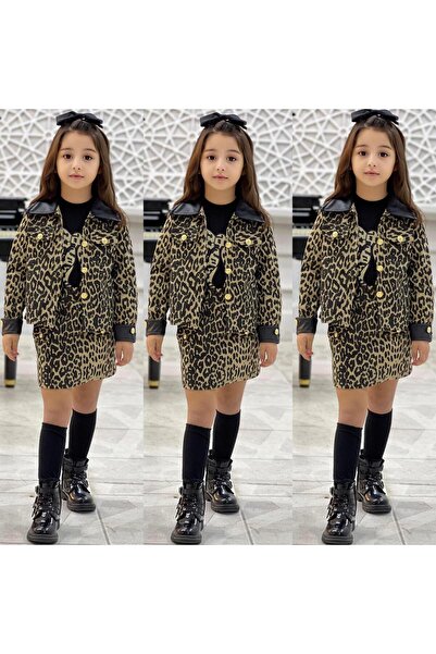 PeluşÇocuk Bayramlık Leopar Kız Çocuk Etek-Ceket-Tişört Takım