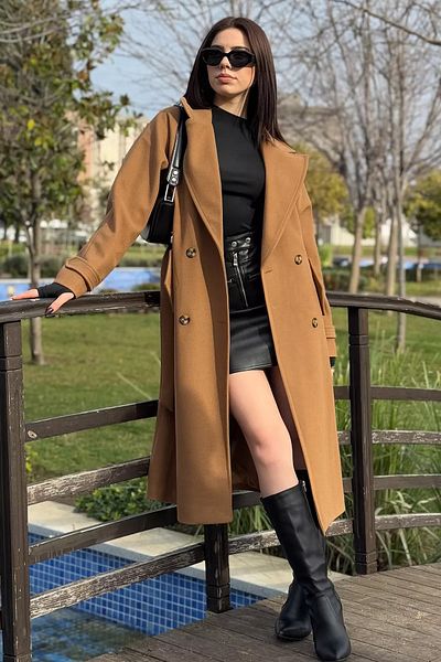 GÜLSELİ Γυναικείο παλτό με διπλό γιακά Camel