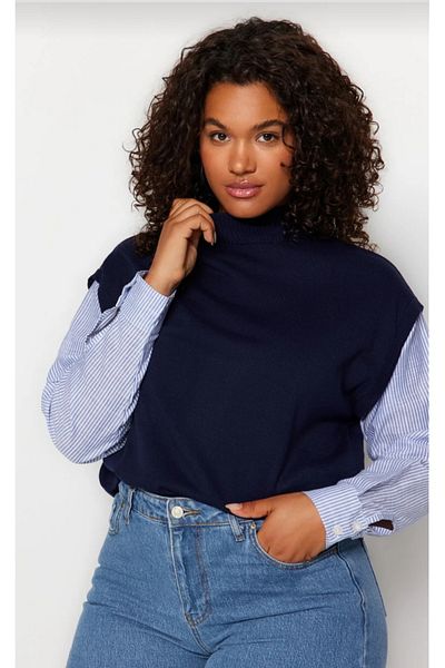 ikomteks Dark Blue Sleeve Striped Woven Mixed Knitwear Sweater