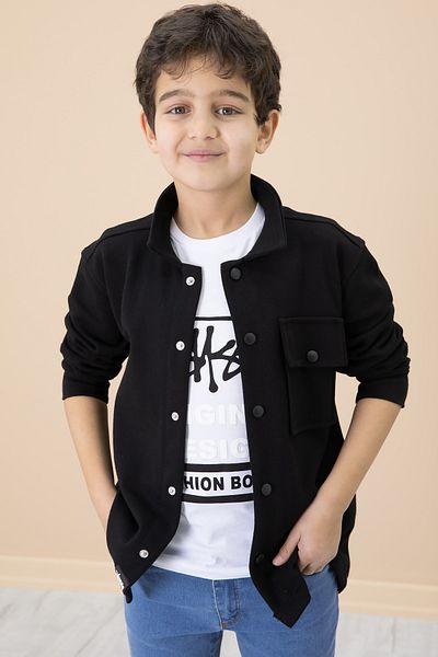 Cansın Mini Tricou imprimat cu text negru și cămașă Costum băiat 20005