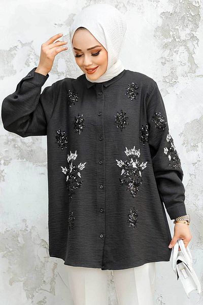 Neva Style Μαύρο πουκάμισο Hijab με χάντρες 45270S