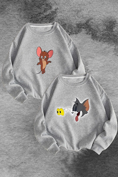 Wish BF Şaşkın Jerry Ve Tom Sevgili Çift Kombin - Gri Baskılı Oversize Bisikl...