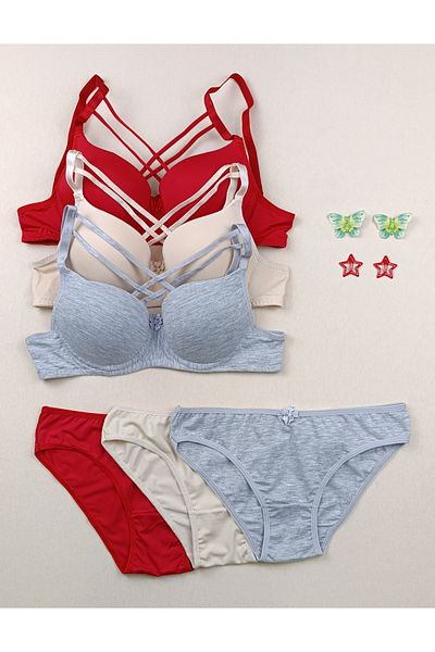 siyalife Hollow Covered Underwire Unpadded Cross Drawstring 3-Piece Bra and Panty Underwear Set (Hollow)
