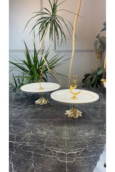 MAY HOME 2-Piece Porcelain Gold Metal Standing Presentation Plate