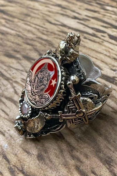 Diriliş Takı Kılıç Kalkan Bozkurt İşlemeli Gümüş Zihgir Yüzük