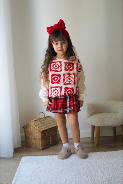 Narin kids Bayramlık Kareli Etekli Çicekli Triko Kazaklı Kız Çocuk Alt Üst Takım