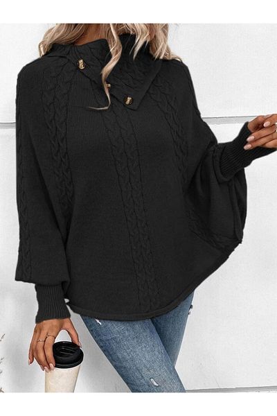 Trend Moda Women's Long Sleeve Turtleneck Button Detailed Knitwear Poncho