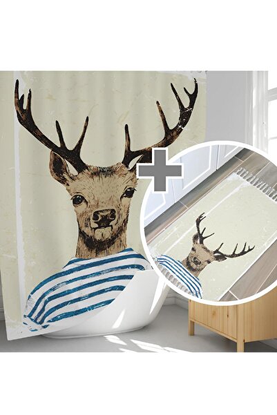 Zethome 1X180X200 Set Bath Mat and Single Wing Shower Curtain - Deer Bathroom Rug