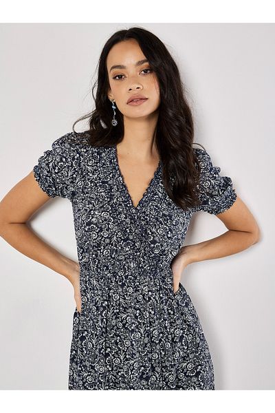 Apricot Geblümtes Midikleid In Wickeloptik