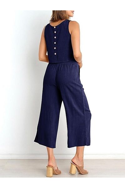 Mothermood Linen Summer High Waist Capri Pants Back Detailed Sleeveless Double Suit