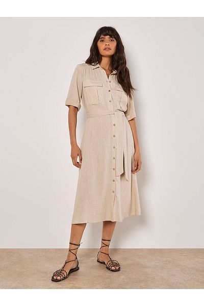 Apricot Leinen-hemdkleid Mit Taschenfront
