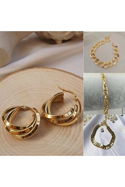 Meyras Touch Gold Çelik Halka Küpe (3 adet zincir bileklik hediyedir.)