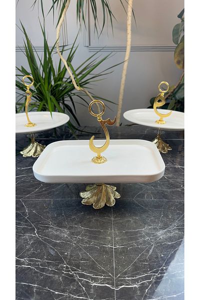 MAY HOME Porcelain Gold Metal Standing Presenter Serving Plate (Ha)