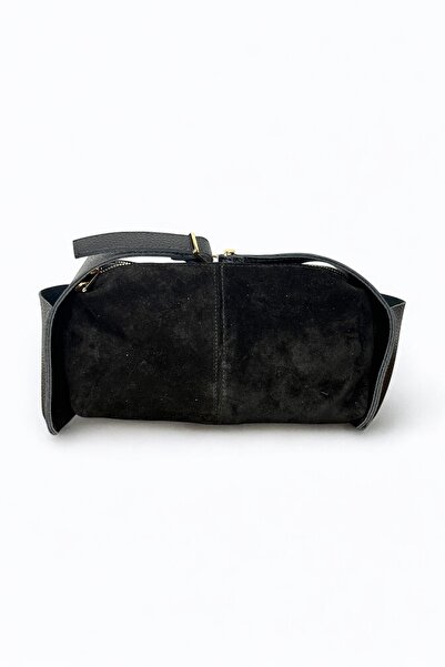 Mevo Kadın Siyah Renkli Gerçek Süet Deri Yan Cep Detaylı Fermuarlı Omuz Çantası