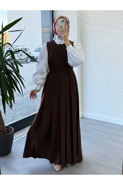 MELEK ARAZ Καφέ γυναικείο πλισέ φόρεμα Gilet