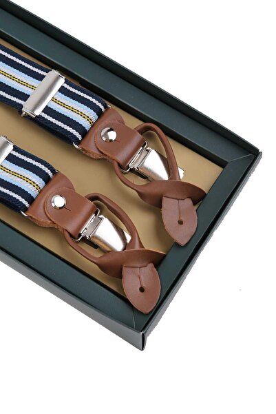 Kravatkolik Navy Blue Jacquard Leather Pants Strap - Button Holes Pan206